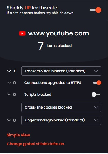 Youtube ads and trackers blocked by Brave Shield